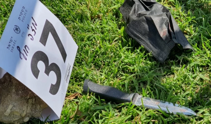הסכין שנתפסה וזירת האירוע (צילום: דוברות המשטרה)
