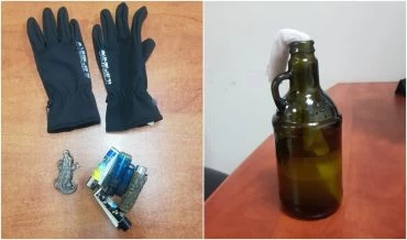 בקבוק התעברה, המצית והכפפות שנתפסו אצל החשוד (צילום: דוברות המשטרה חוף)