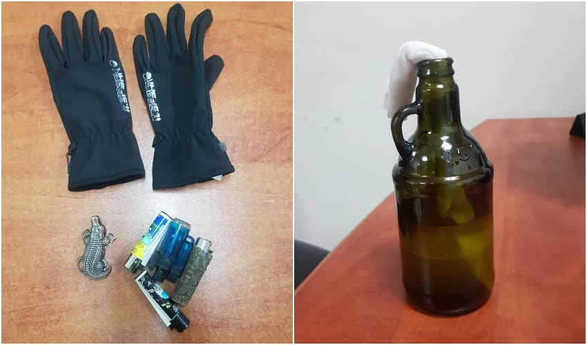 בקבוק התעברה, המצית והכפפות שנתפסו אצל החשוד (צילום: דוברות המשטרה חוף)