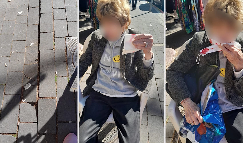 הקשישה שנפצעה והמדרכה המשובשת (צילומים: הלן מלול)